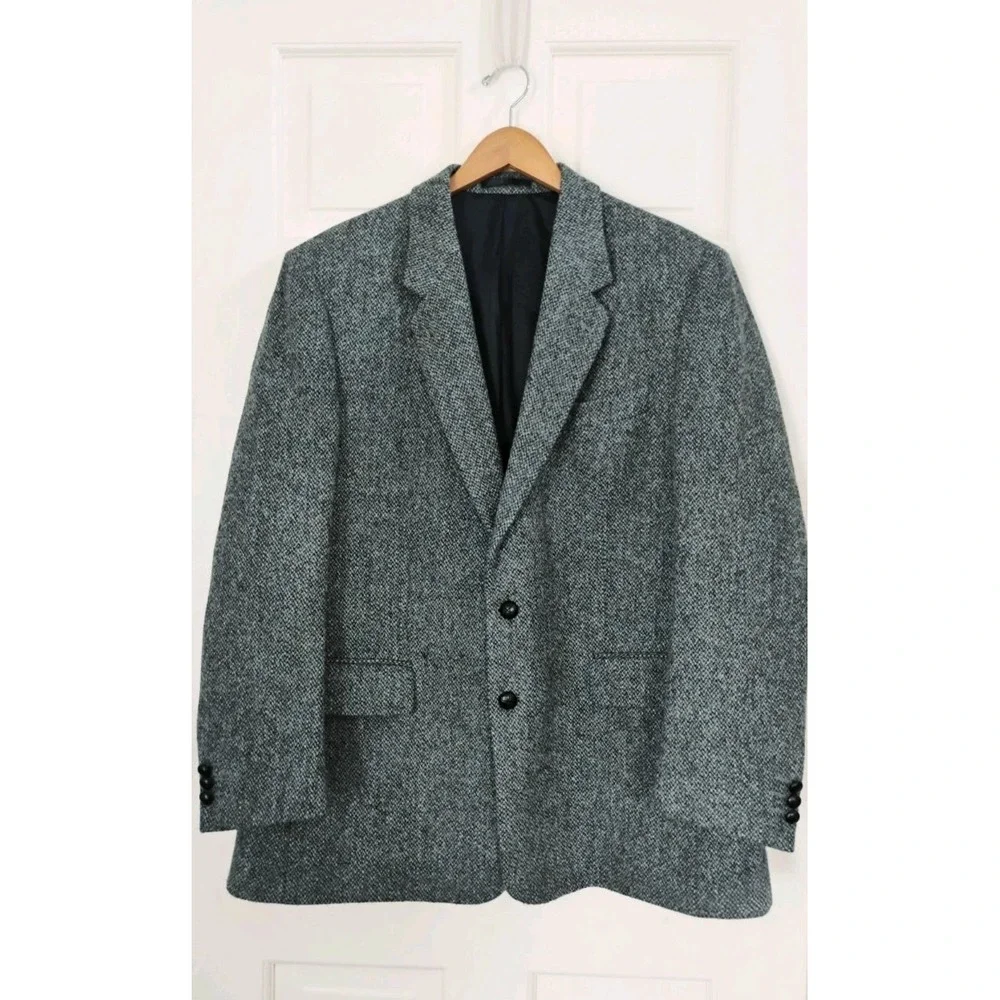 Vintage Harris Tweed Blazer Mens 46R Blue Tweed Wool Two Button Sport Coat